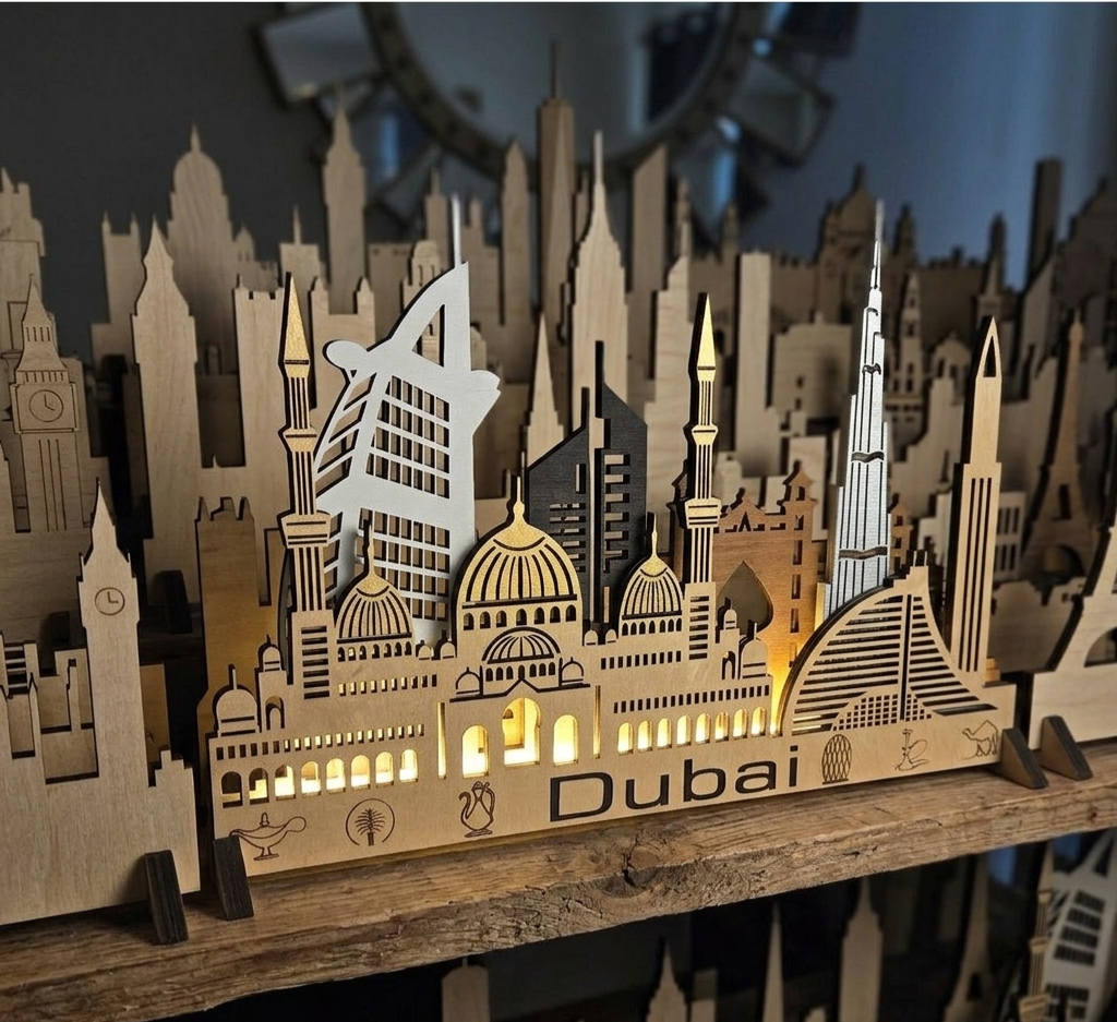 Dubai Skyline 3D Layered Laser Cut Wooden Cityscape Wall Art - Modern Home Decor