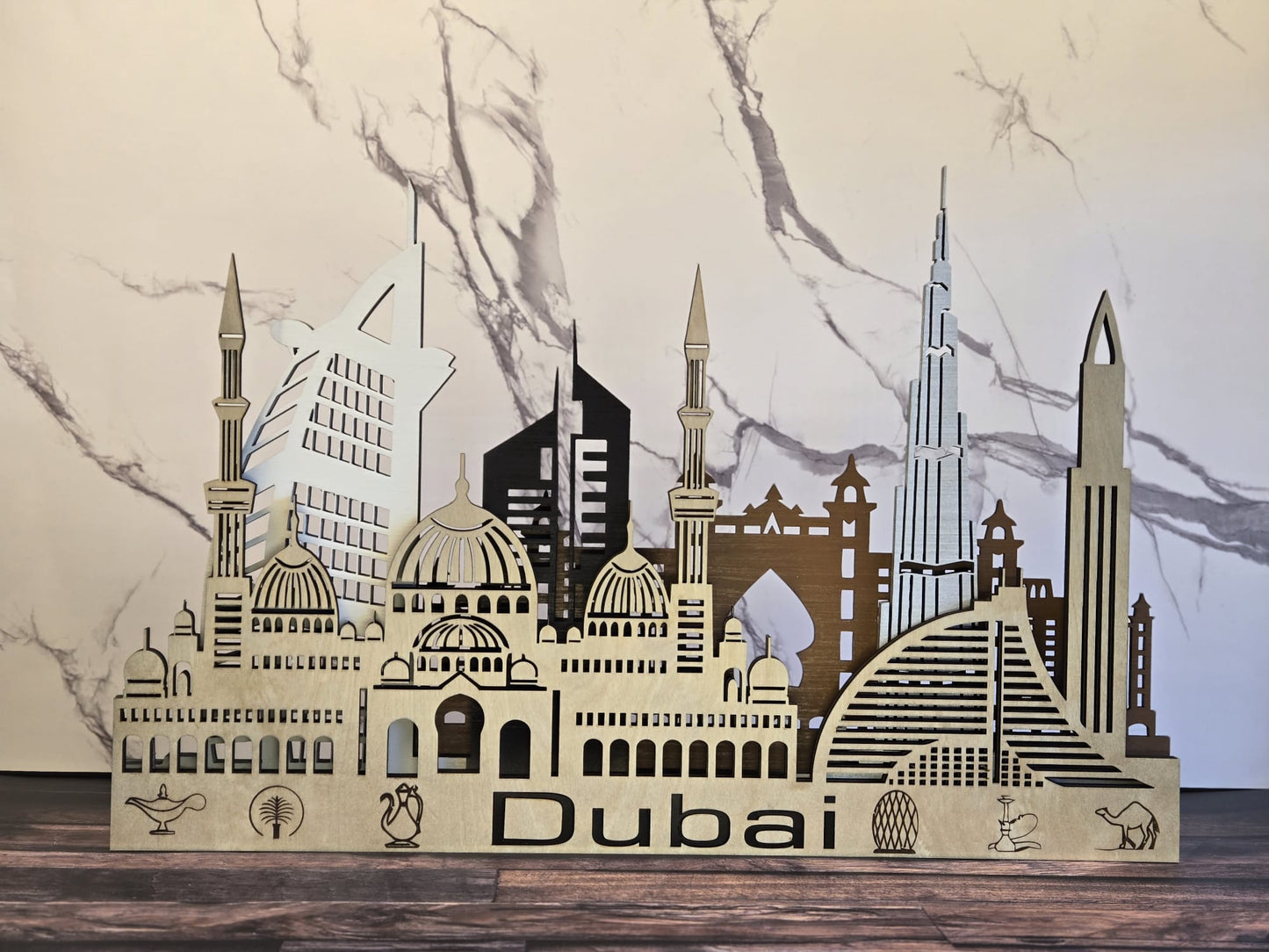 Dubai Skyline 3D Layered Laser Cut Wooden Cityscape Wall Art - Modern Home Decor