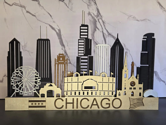 Discover the Elegance of Gazer Laser's New Chicago Skyline 3D Layered Laser Cut Wooden Cityscape Wall Art