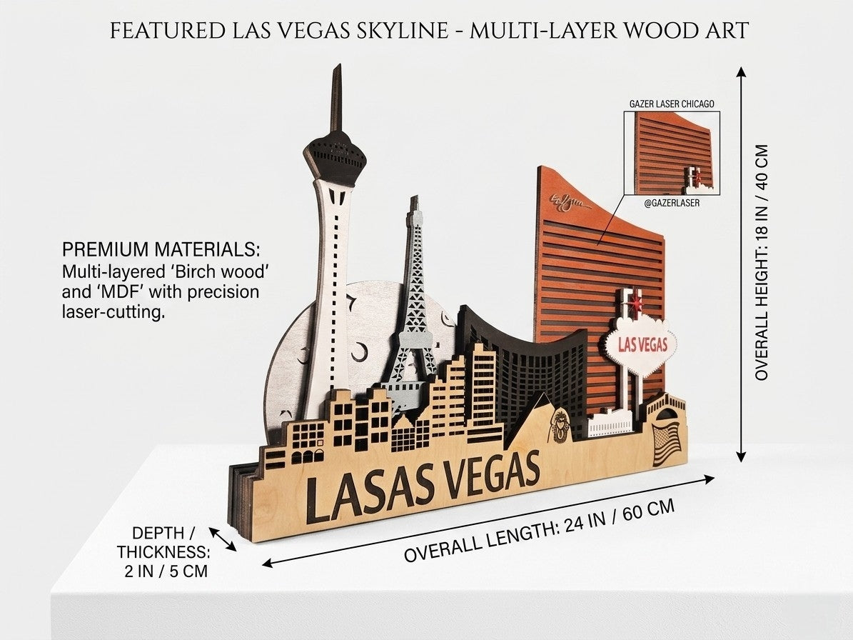 Las Vegas City Skyline 3D Layered Laser Cut Wooden Wall Art | GAZER LASER