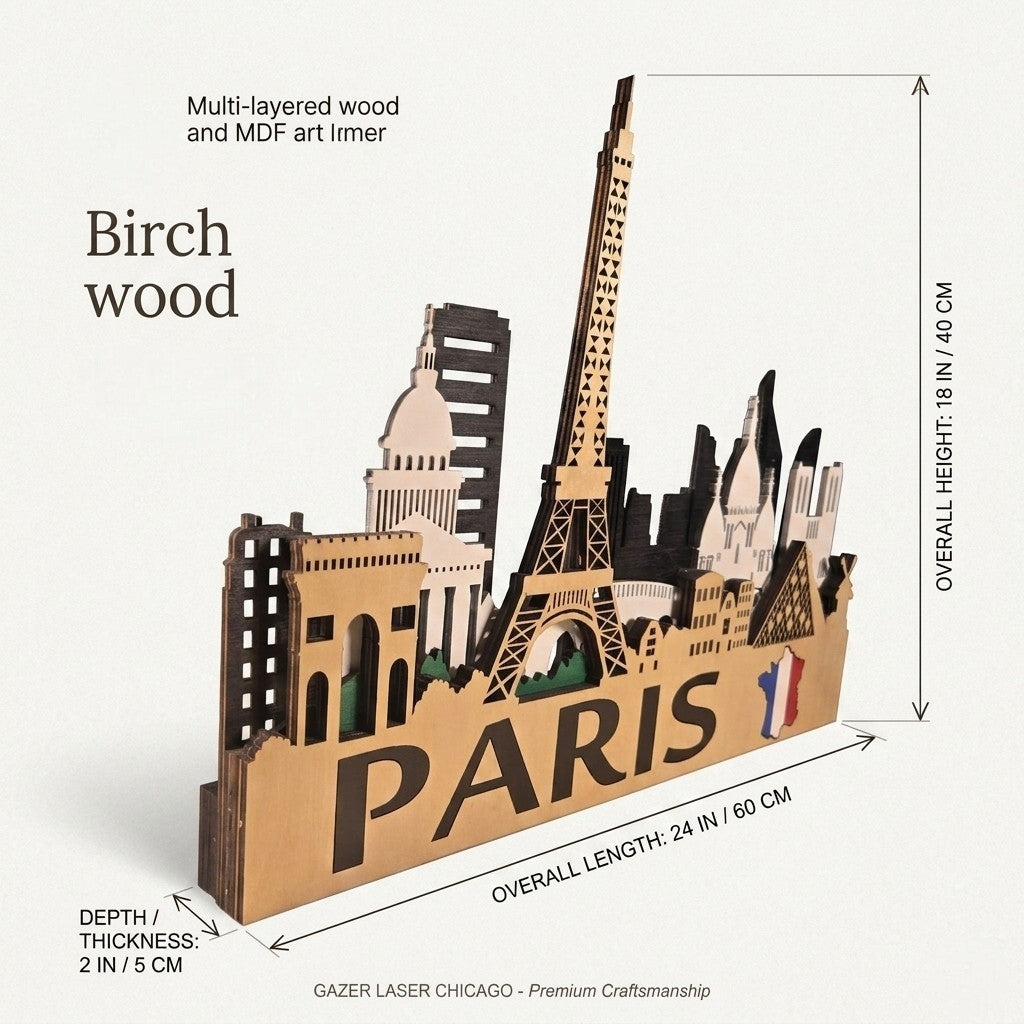 Paris City Skyline 3D Layered Laser Cut Wooden Wall Art | GAZER LASER