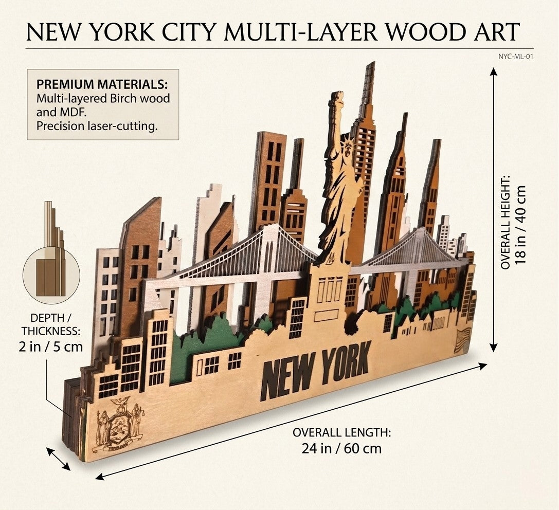 New York City Skyline 3D Layered Laser Cut Wooden Cityscape