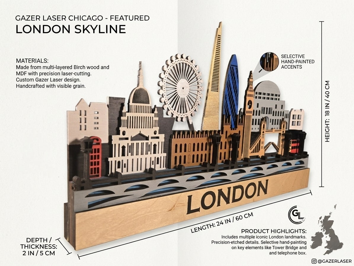 Premium London City Skyline Wall Art – 3D Layered Laser Cut Wooden Cityscape Decor for Modern Home & Office Interiors