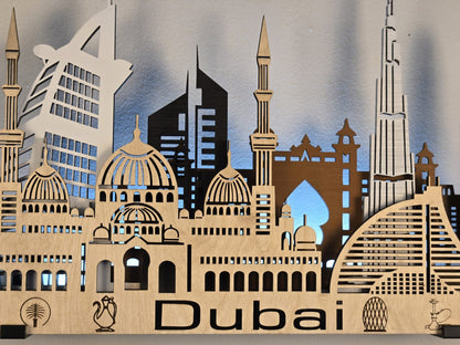 Dubai Skyline 3D Layered Laser Cut Wooden Cityscape Wall Art - Modern Home Decor