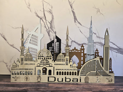 Dubai Skyline 3D Layered Laser Cut Wooden Cityscape Wall Art - Modern Home Decor