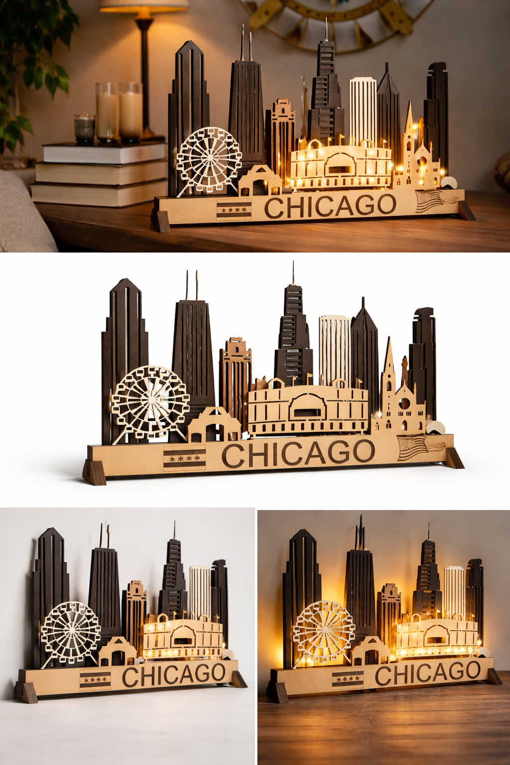 Chicago Skyline 3D Layered Laser Cut Wooden Cityscape Wall Art